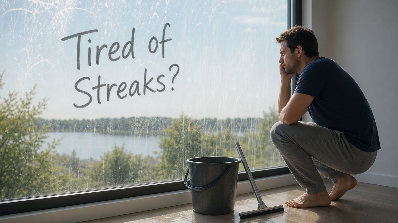 A man crouching on the floor looking frustrated at a streaky window with text written on it.