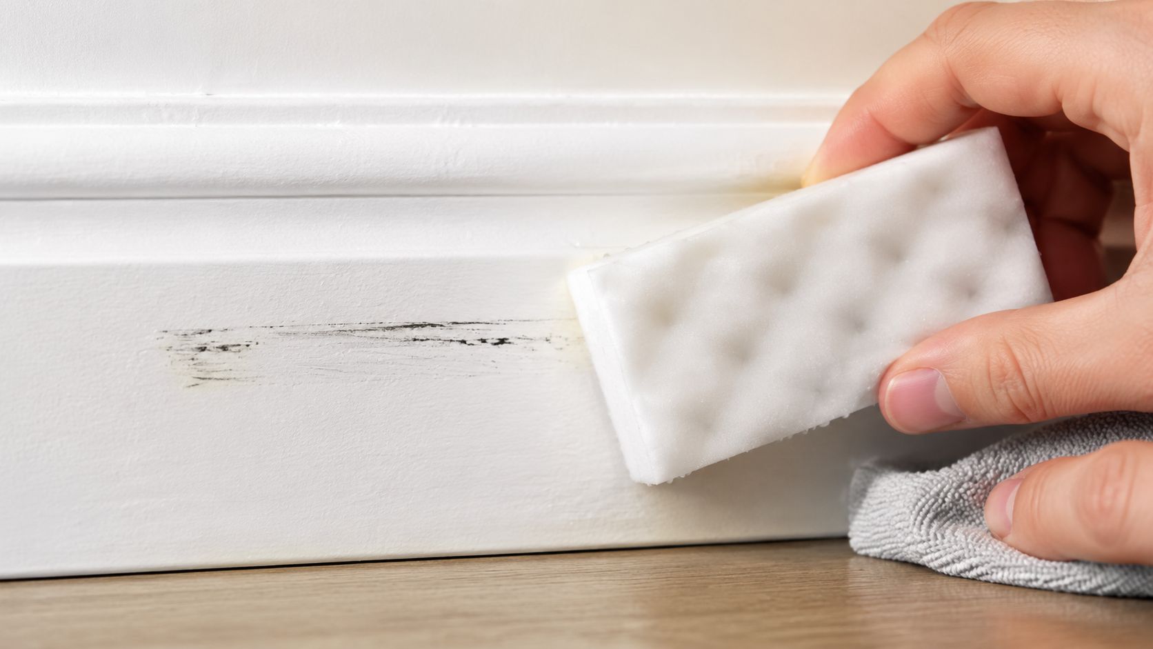 A hand using a magic eraser sponge to remove a black scuff mark from a white baseboard.