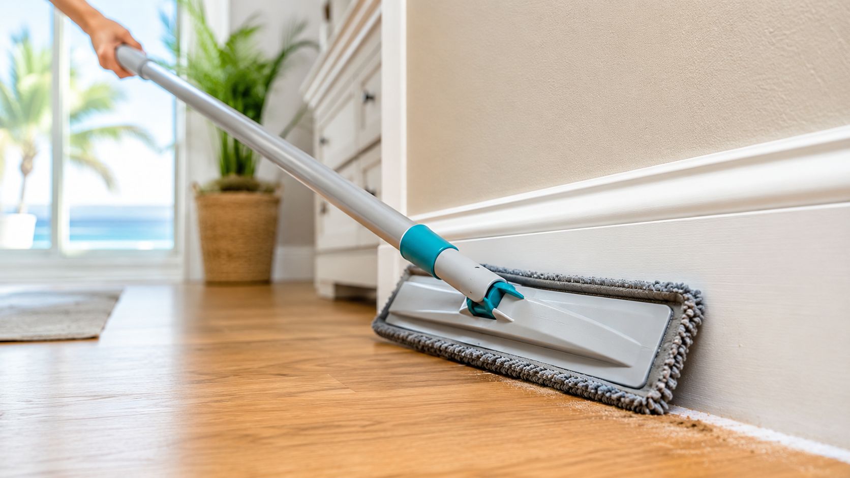 A person uses a flat microfiber mop to clean along a wooden baseboard in a bright room.