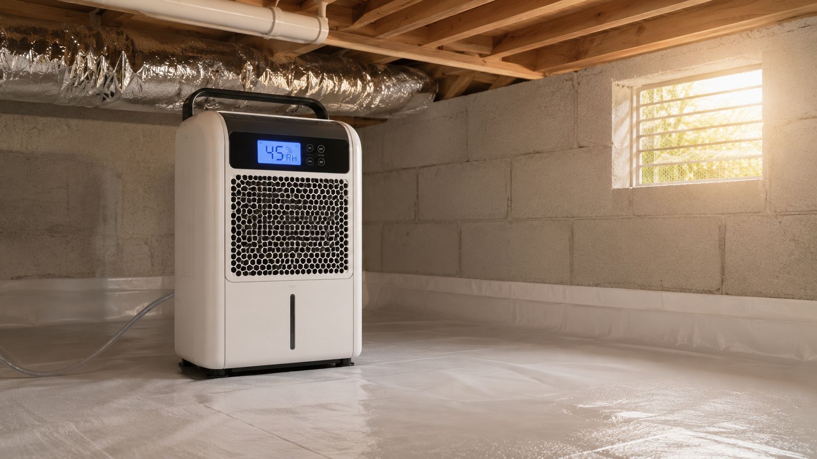 A white portable dehumidifier operating on a plastic vapor barrier in a clean, unfinished crawlspace basement.