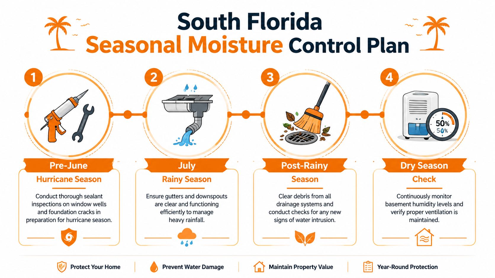 A four-step infographic illustrating a South Florida seasonal moisture control plan for home maintenance.