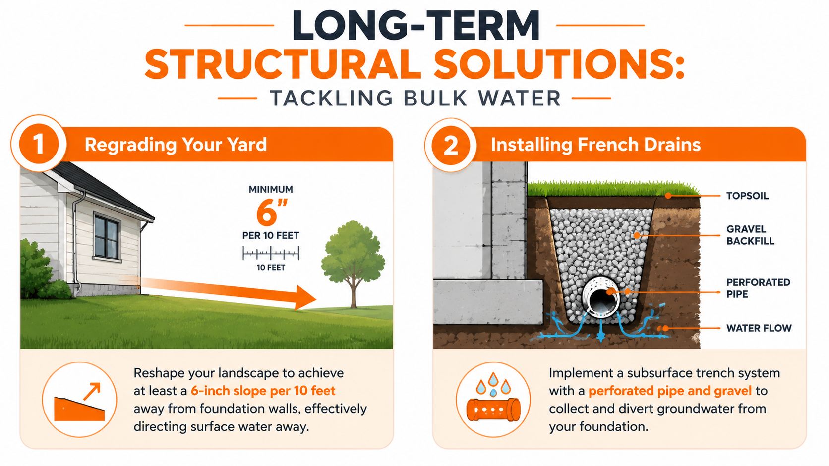 A diagram illustrating long-term structural solutions for basement moisture control including yard regrading and installing French drains.