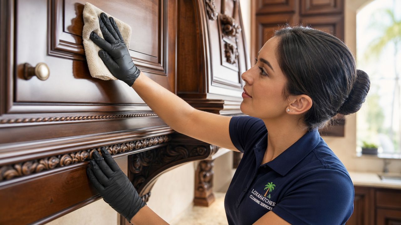 A professional house cleaner wearing black gloves carefully cleaning dark wooden kitchen cabinets with a cloth.