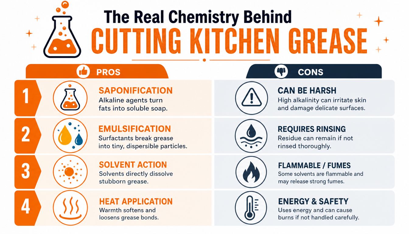 An infographic showing the chemical processes behind cutting kitchen grease through four pros and four cons.