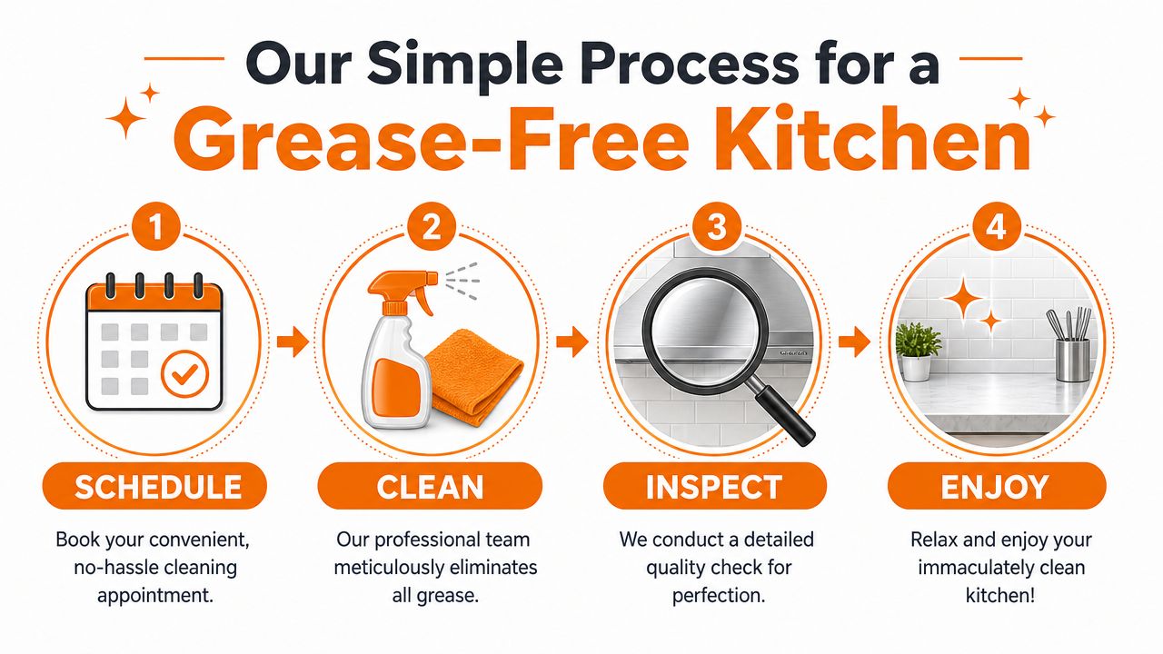 A four-step infographic showing the simple process for booking and receiving professional grease-free kitchen cleaning services.
