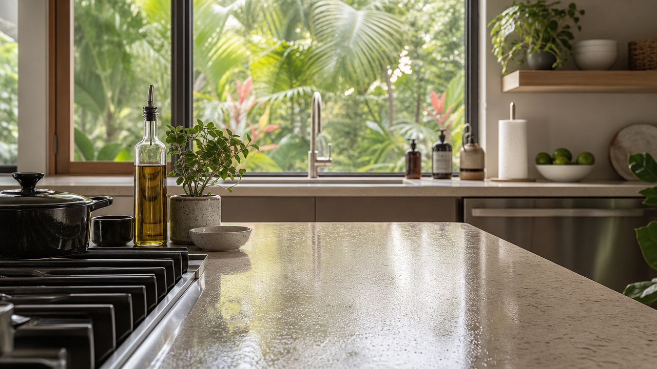 A clean modern kitchen island countertop with a cooking pot, herb plant, and lush tropical window view.