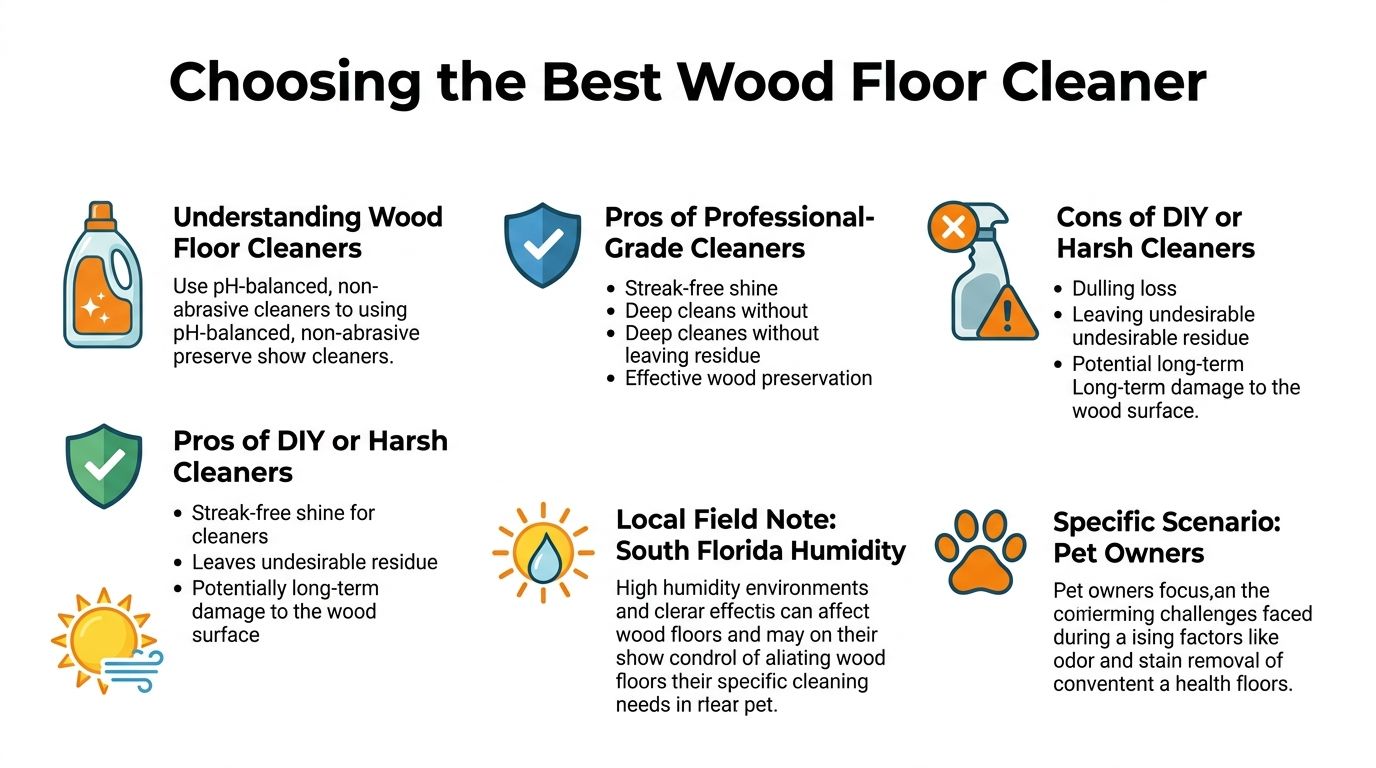 An infographic titled Choosing the Best Wood Floor Cleaner detailing pros, cons, and cleaning considerations.