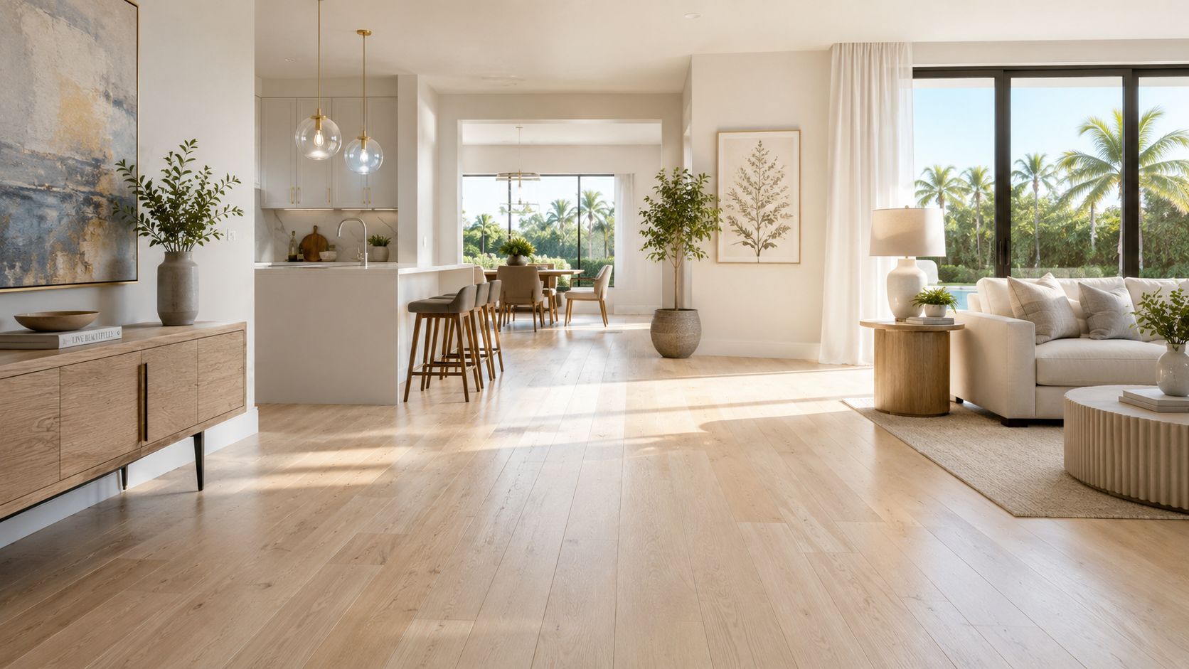An elegant open concept living room and kitchen featuring light hardwood flooring and modern interior design.