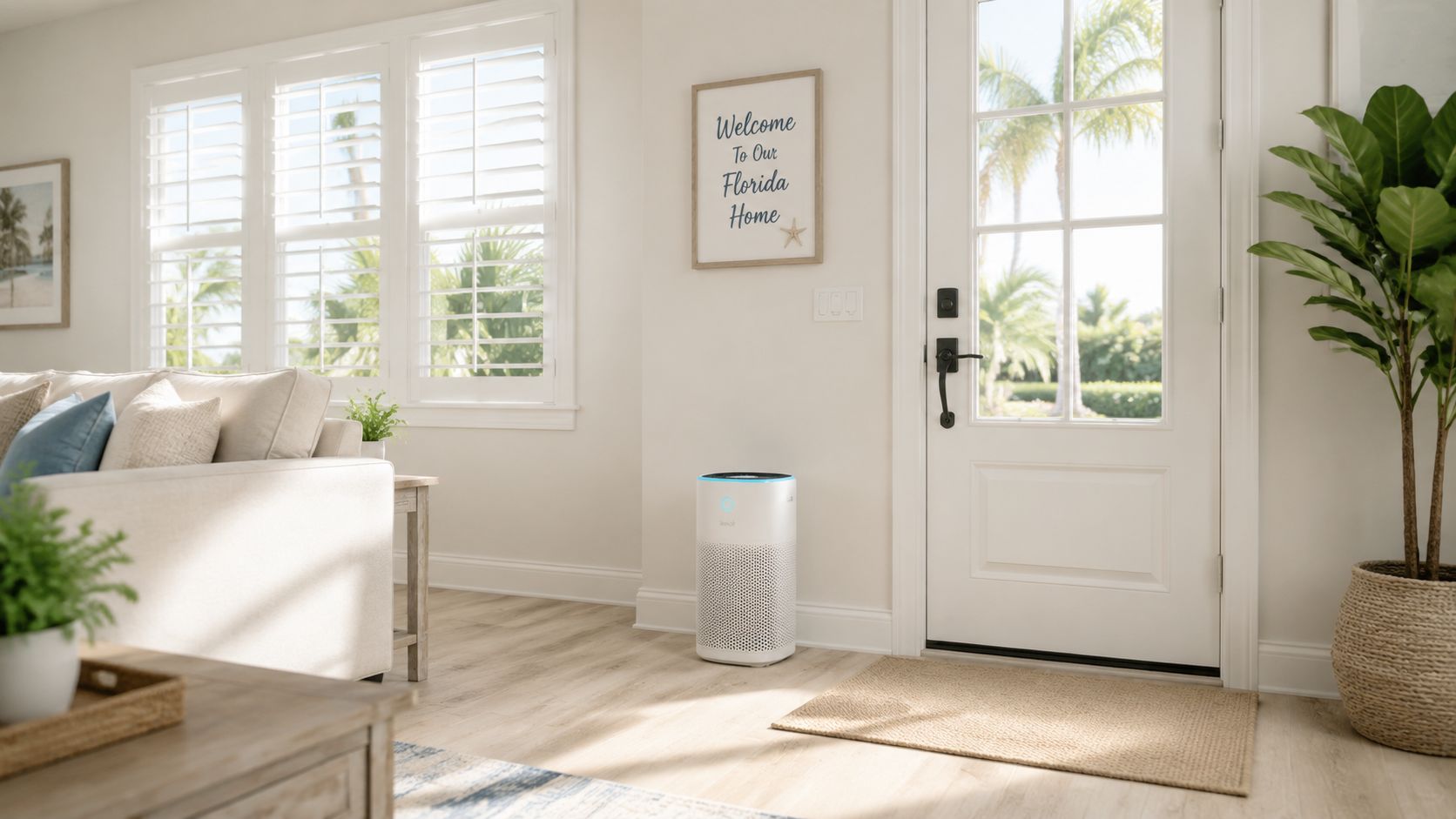 A modern Levoit air purifier sitting on a wooden floor in a brightly lit, coastal-themed living room.