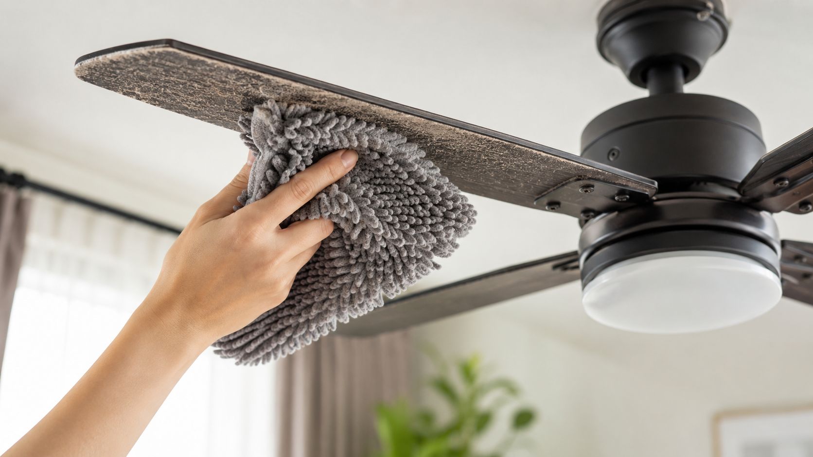 A person uses a gray microfiber duster to clean dust from a dark wooden ceiling fan blade.