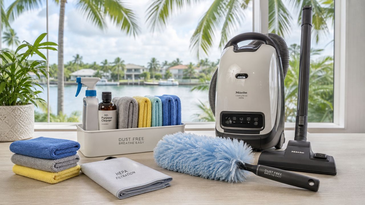 Cleaning supplies, microfiber cloths, and a Miele vacuum cleaner arranged on a table with a scenic background.
