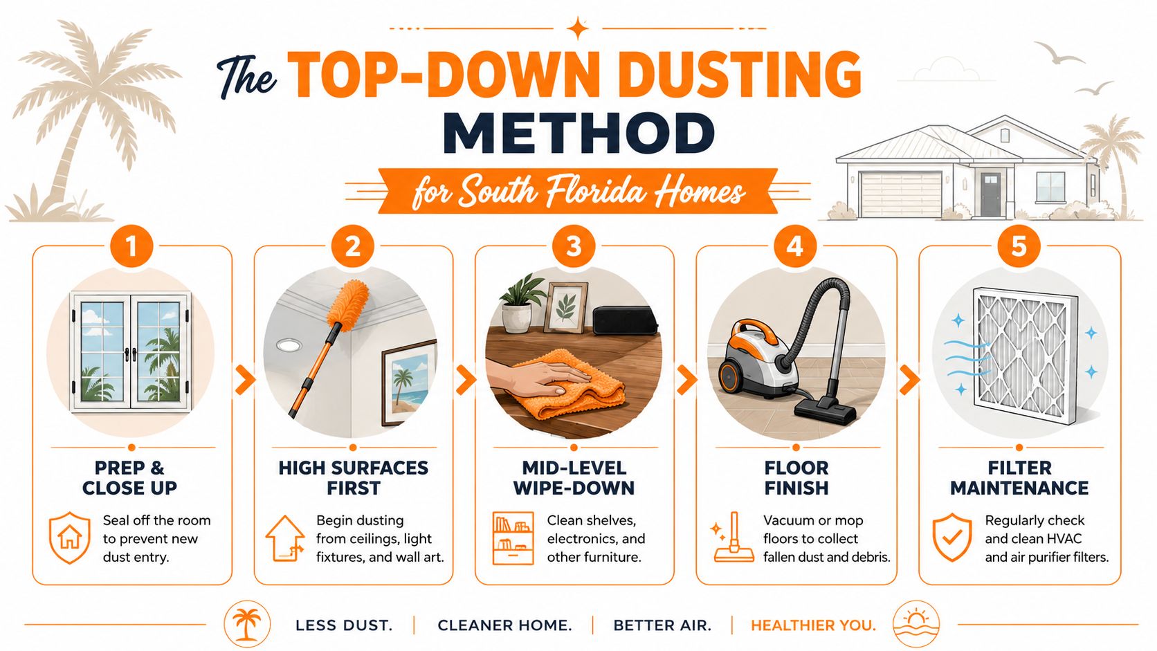 A step-by-step infographic illustrating the top-down dusting method for keeping South Florida homes clean and dust-free.