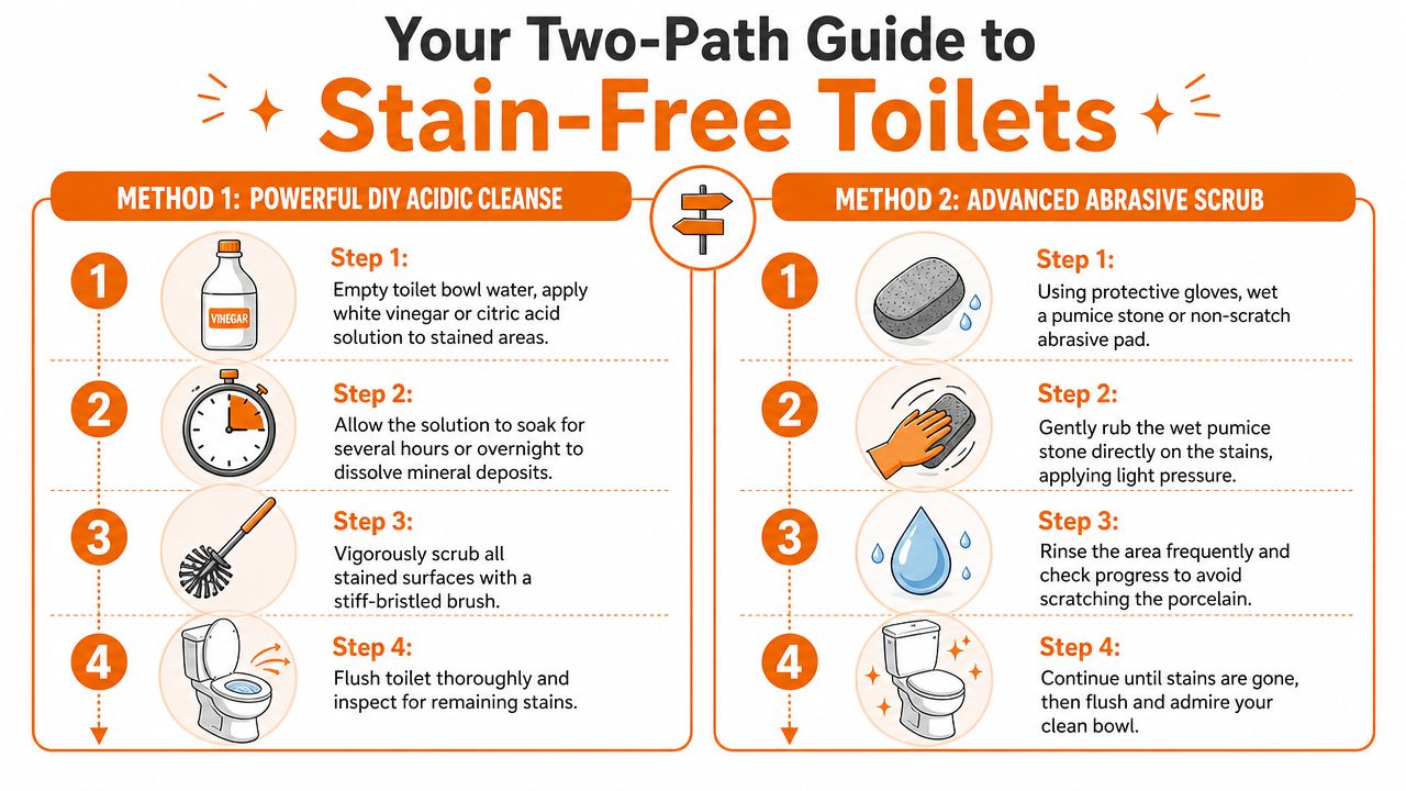 An infographic showing two effective methods for cleaning toilet bowl stains using household supplies and scrubbing tools.