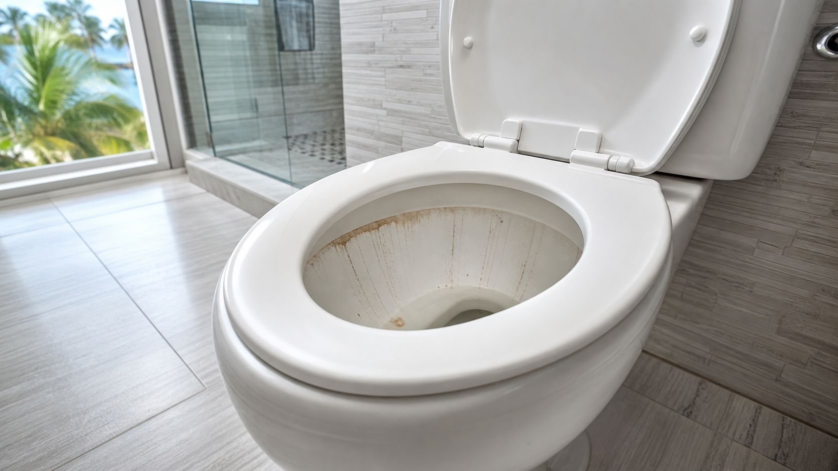 A close-up view of a dirty white toilet bowl with brown water stains in a bathroom.
