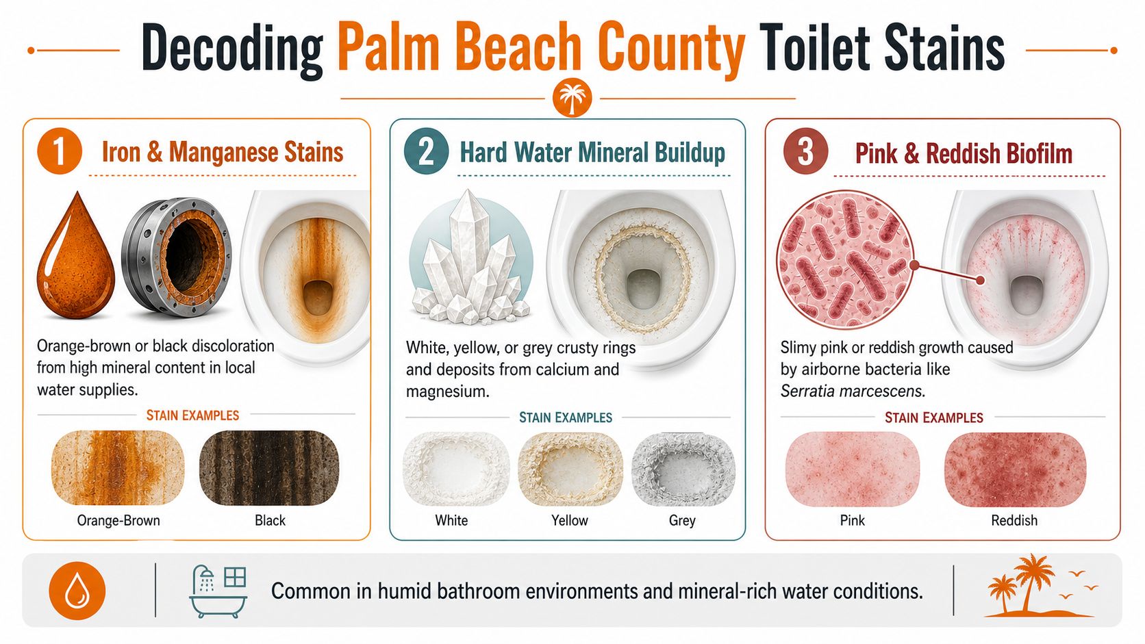 An infographic showing types of toilet stains in Palm Beach County including iron, minerals, and biofilm bacteria.