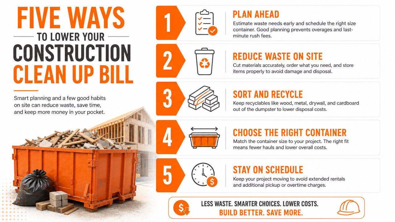 An infographic showing five tips for lowering construction clean up costs, featuring a large orange dumpster.