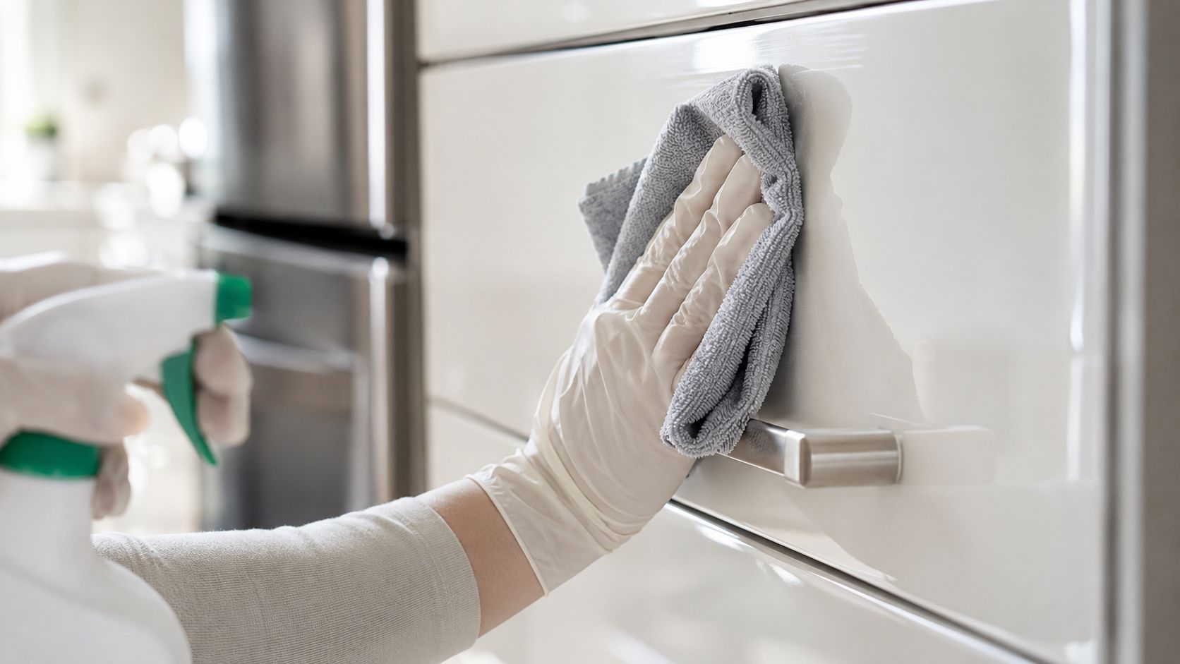 A person wearing white gloves cleaning a modern white kitchen cabinet surface with a grey microfiber cloth.