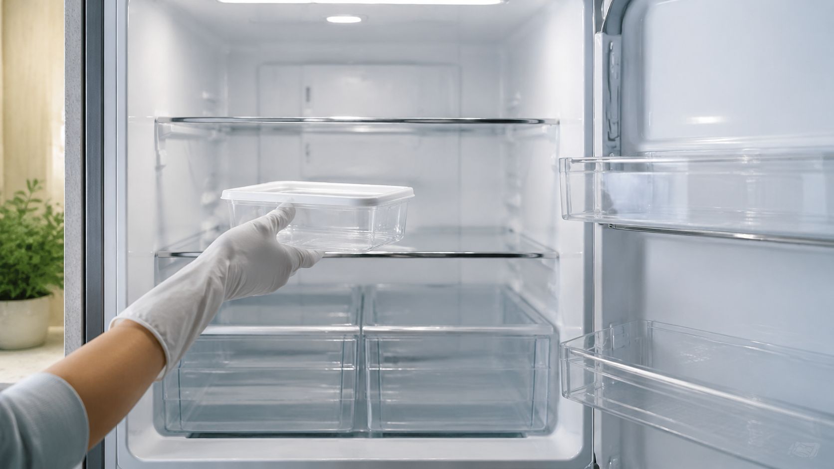 A person wearing a glove places a clear container into an empty, clean refrigerator interior.