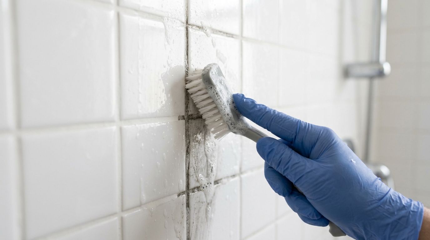 A person wearing blue rubber gloves uses a scrub brush to clean grout between white bathroom tiles.