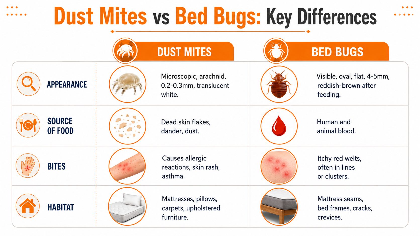 A comparison chart outlining key differences between dust mites and bed bugs, including appearance, food, and habitat.