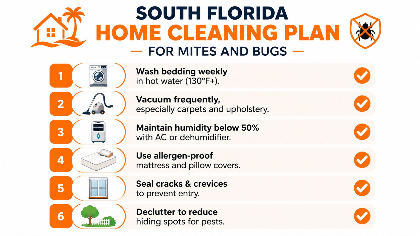 An infographic titled South Florida Home Cleaning Plan for Mites and Bugs displaying six essential pest control steps.