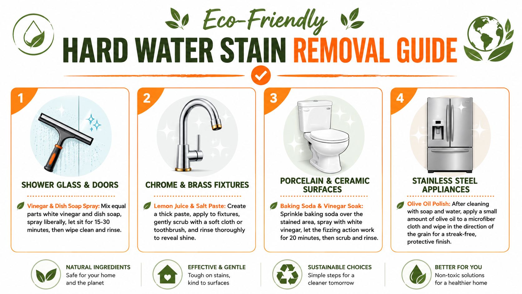 An infographic titled Eco-Friendly Hard Water Stain Removal Guide showing natural cleaning methods for various home surfaces.