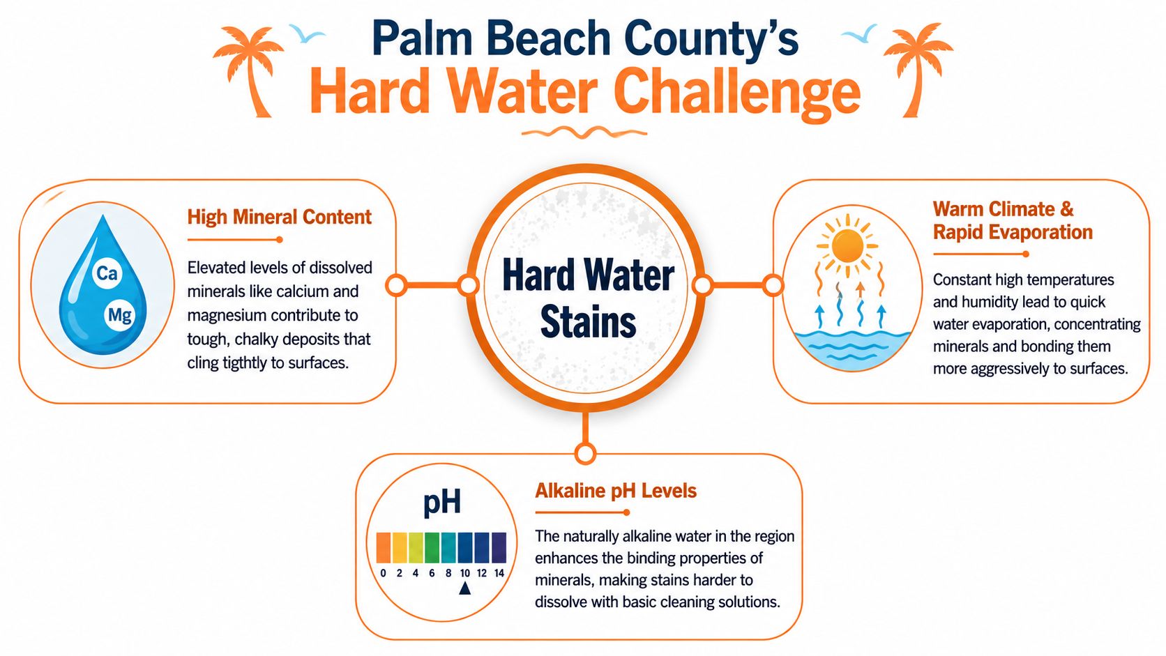 An infographic detailing the factors causing hard water stains in Palm Beach County including minerals and climate.