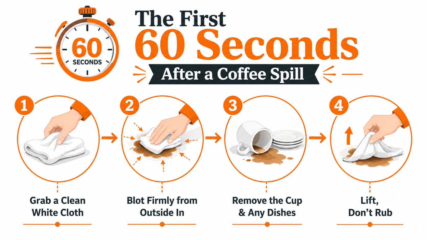 A four-step infographic illustrating how to clean a fresh coffee spill from a carpet using a cloth.