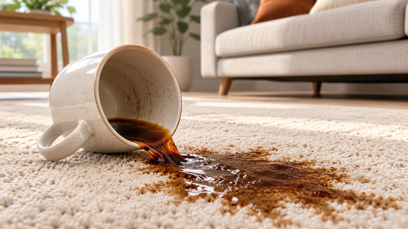 A ceramic mug overturned on a light-colored carpet with coffee spilling and creating a dark stain.
