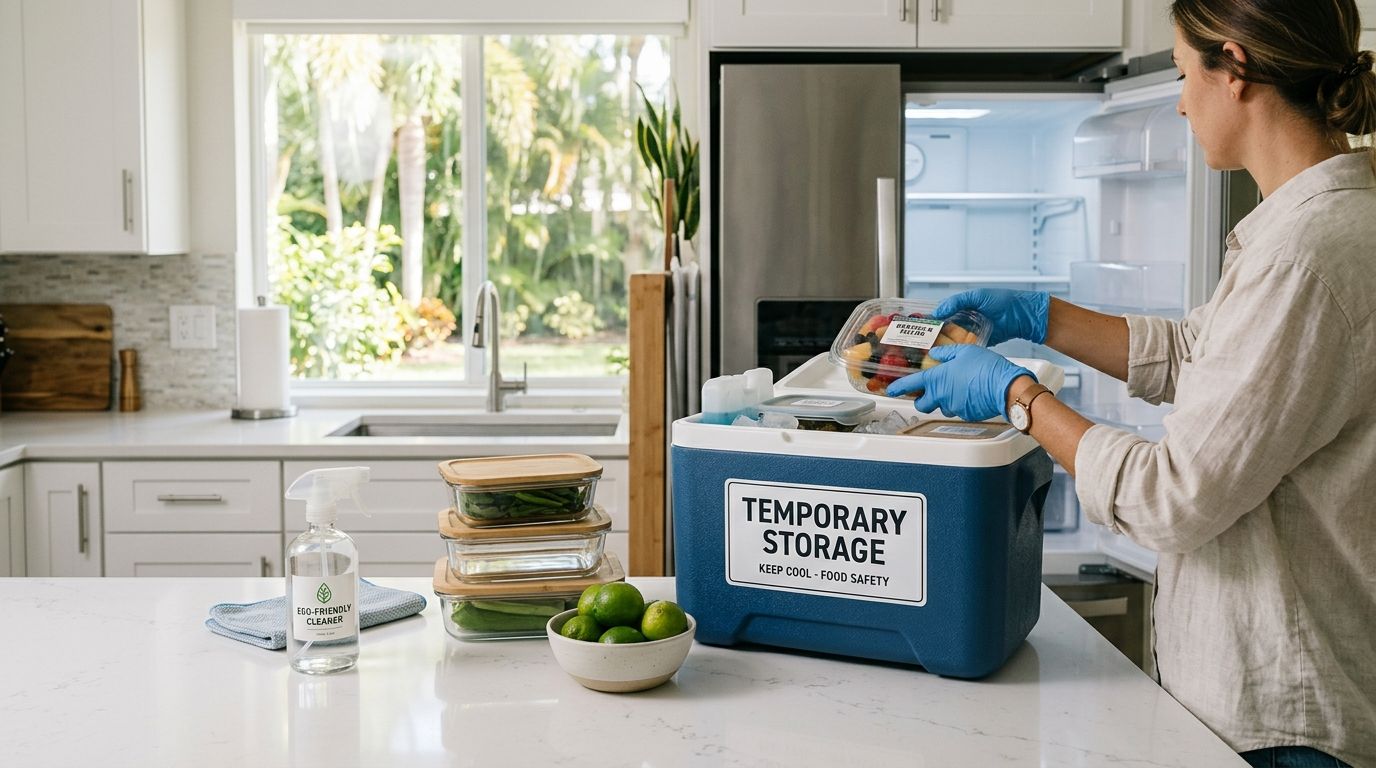 A person in blue gloves placing a container of fruit into a temporary storage cooler inside a kitchen.