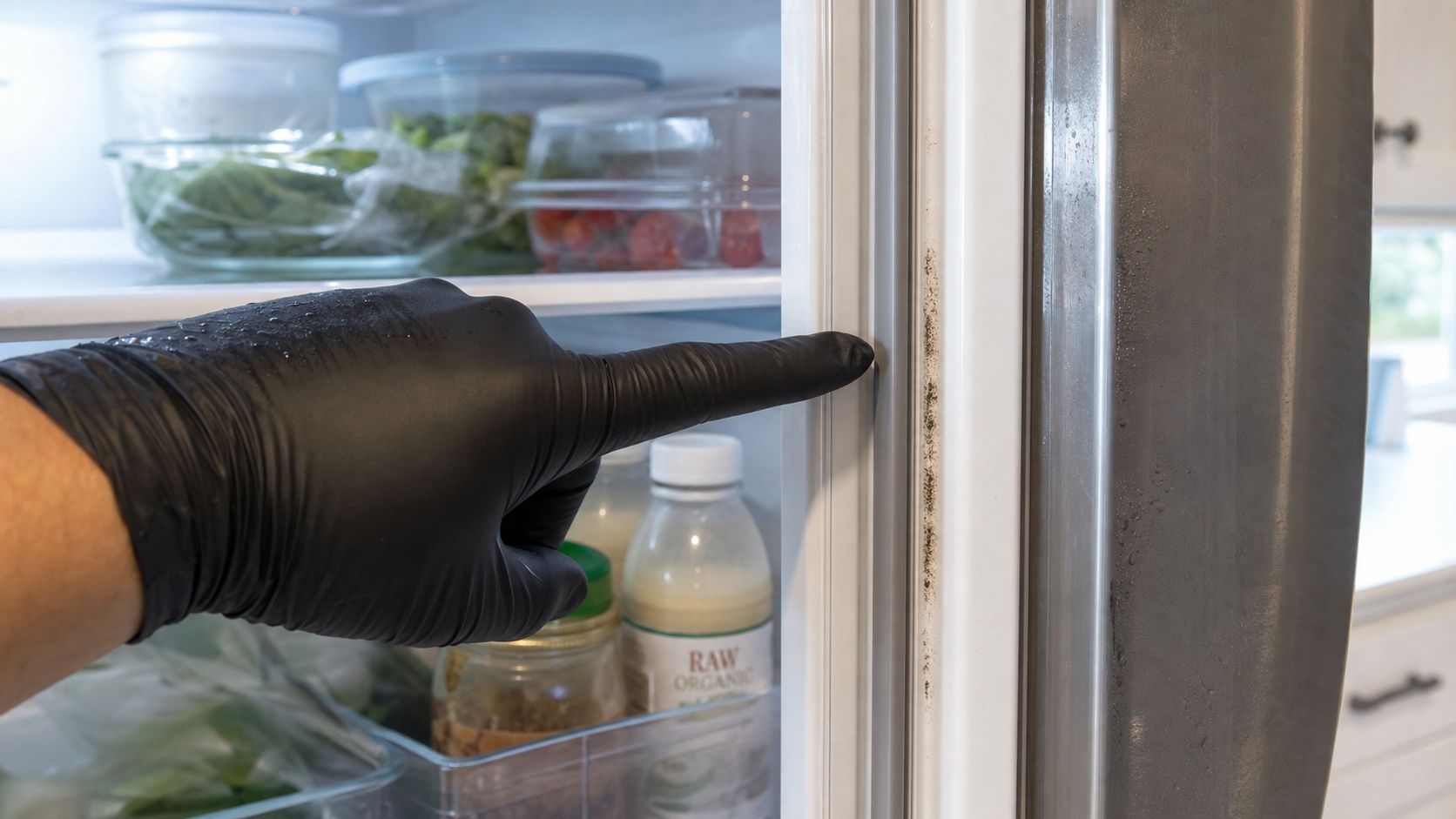 A gloved finger points to black mold growing inside the rubber gasket of a kitchen refrigerator door.