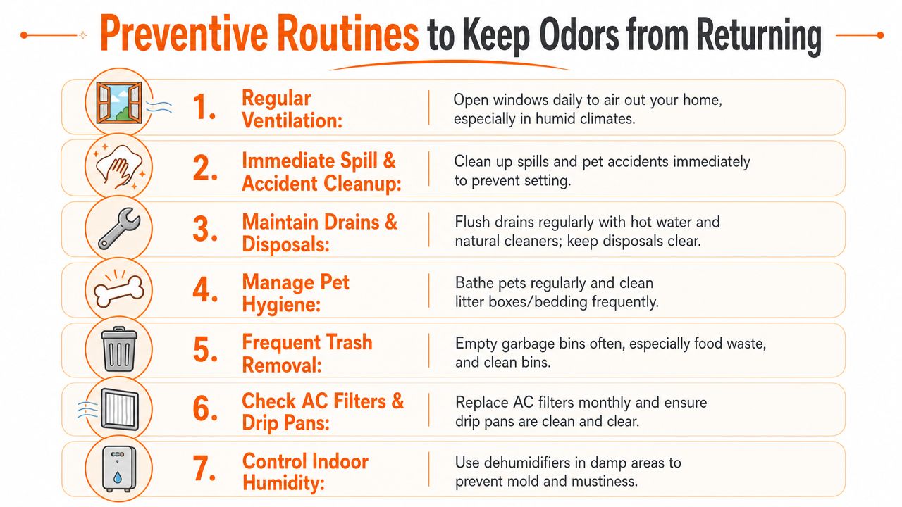 A helpful infographic listing seven practical preventive routines to effectively eliminate and stop bad household odors returning.