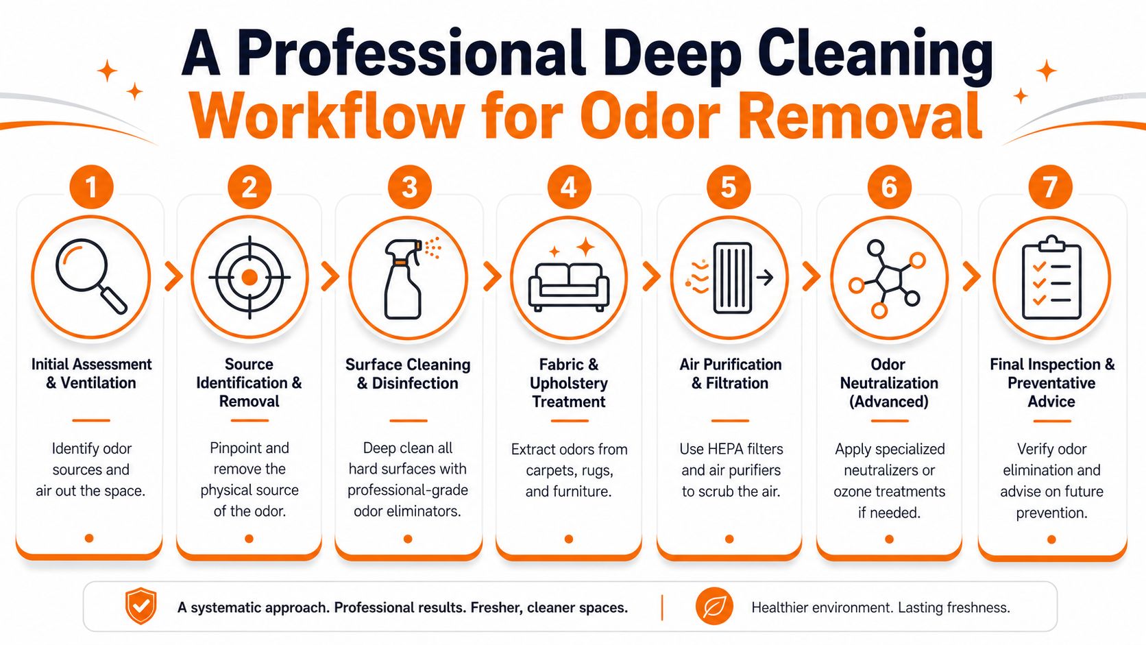 A professional seven-step workflow diagram for effective household odor removal and deep cleaning services.