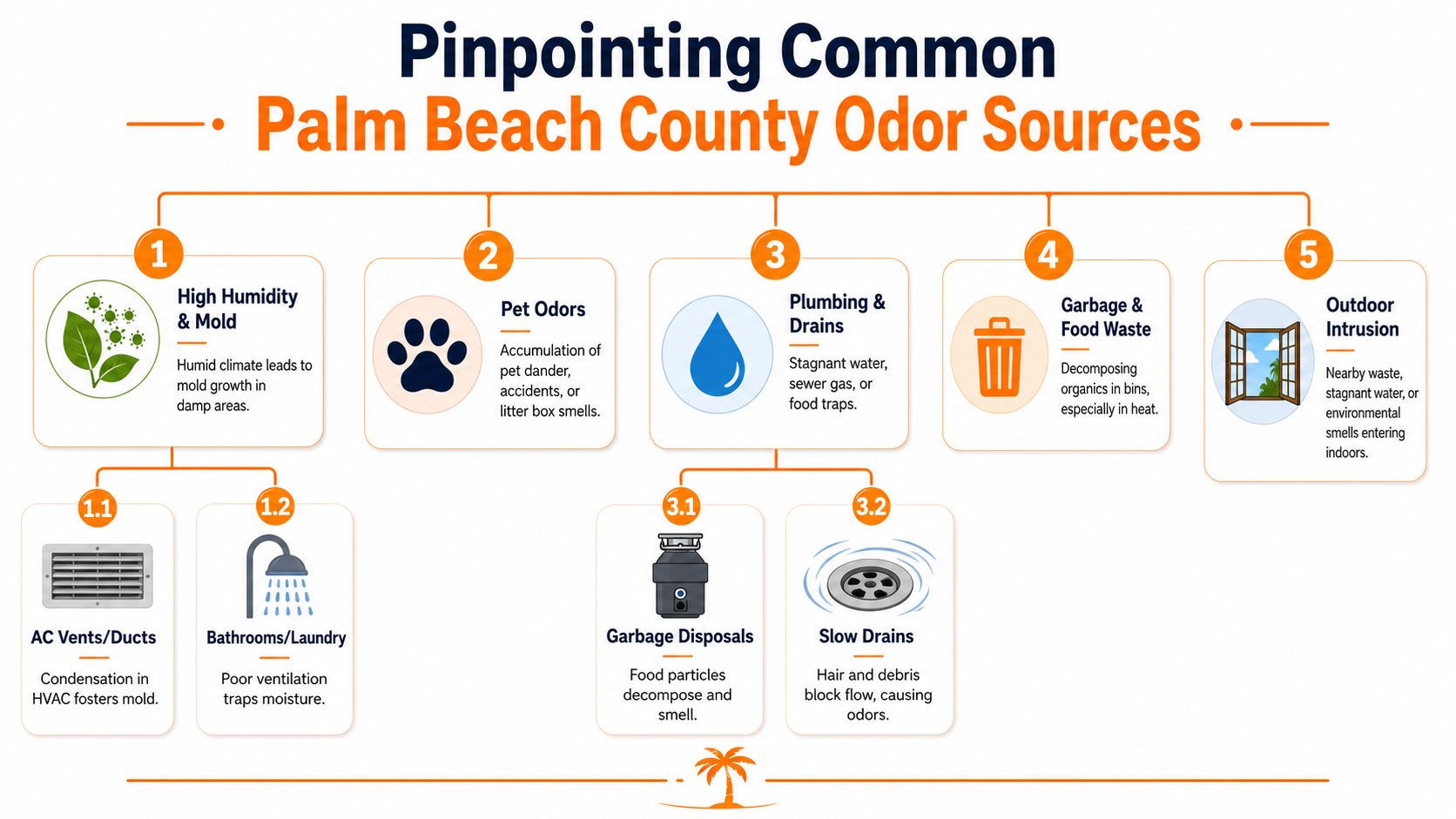 An infographic titled Pinpointing Common Palm Beach County Odor Sources, listing five main causes of indoor household odors.