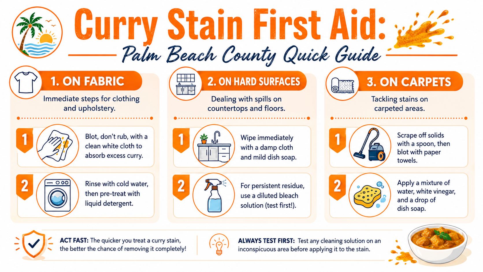 A guide infographic detailing how to remove curry stains from fabric, hard surfaces, and carpets.