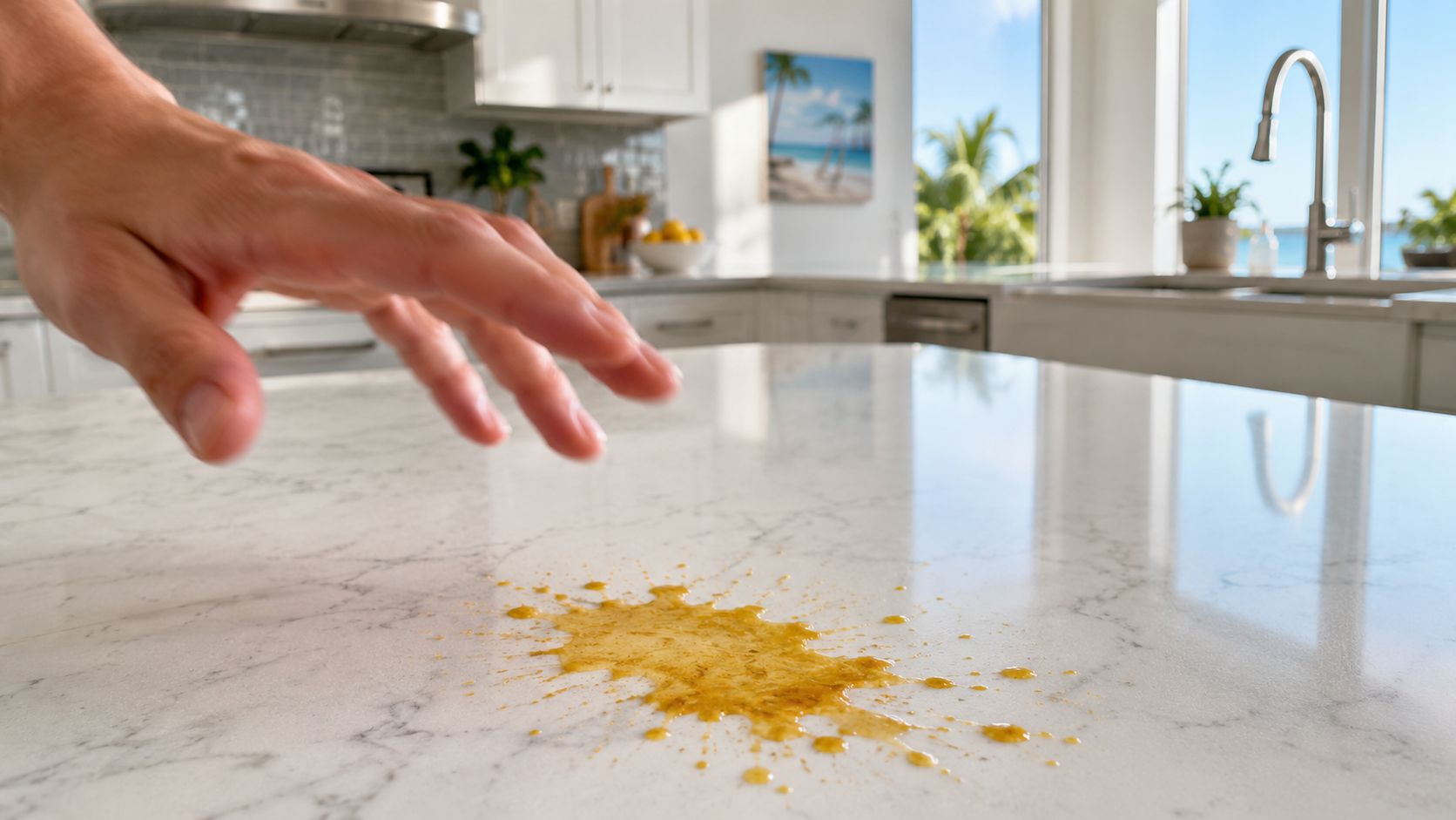 A person's hand reaches toward a large yellow curry stain on a white marble kitchen countertop.