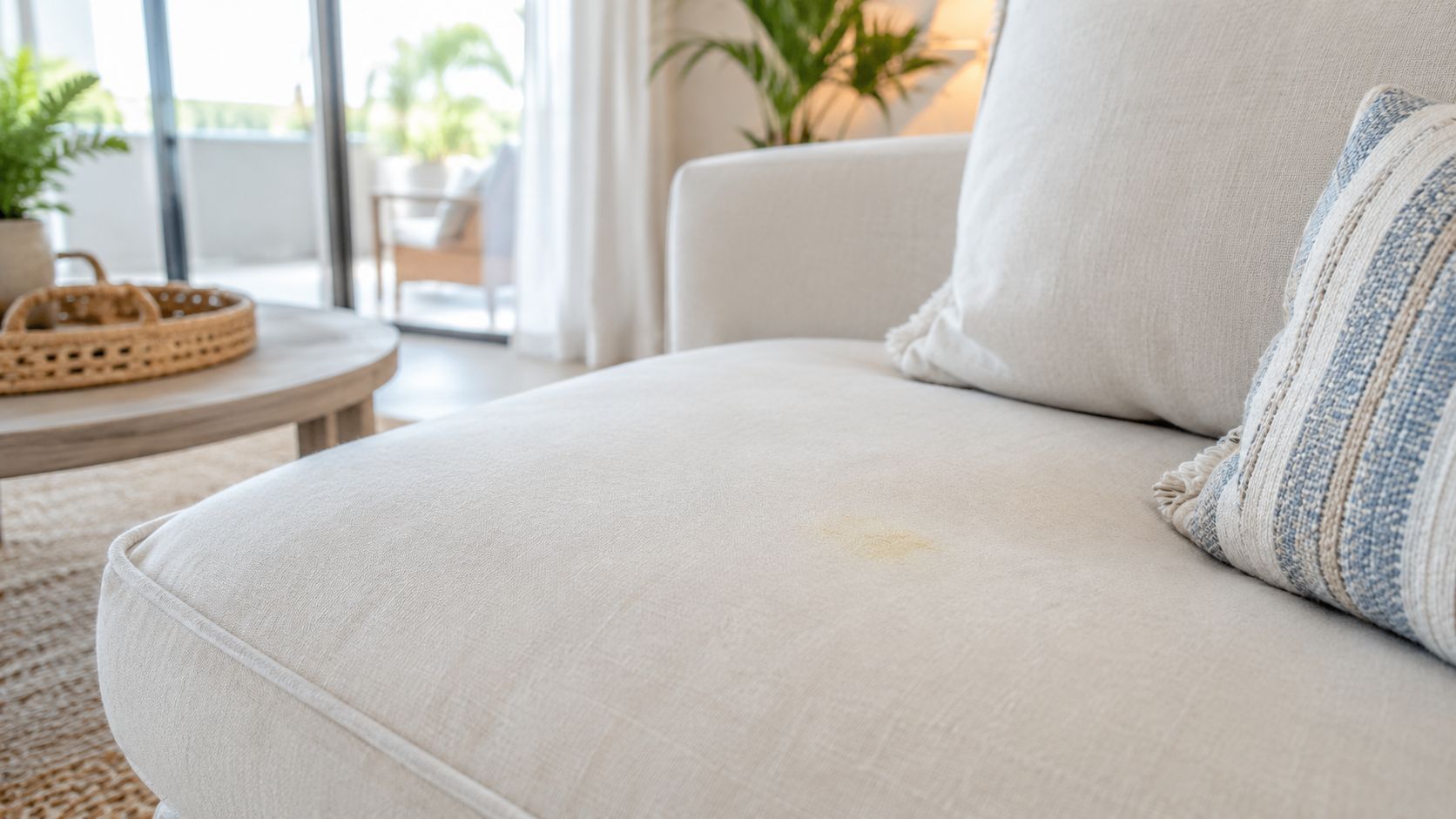 A close-up view of a light-colored fabric sofa showing a small yellow curry stain on the cushion.