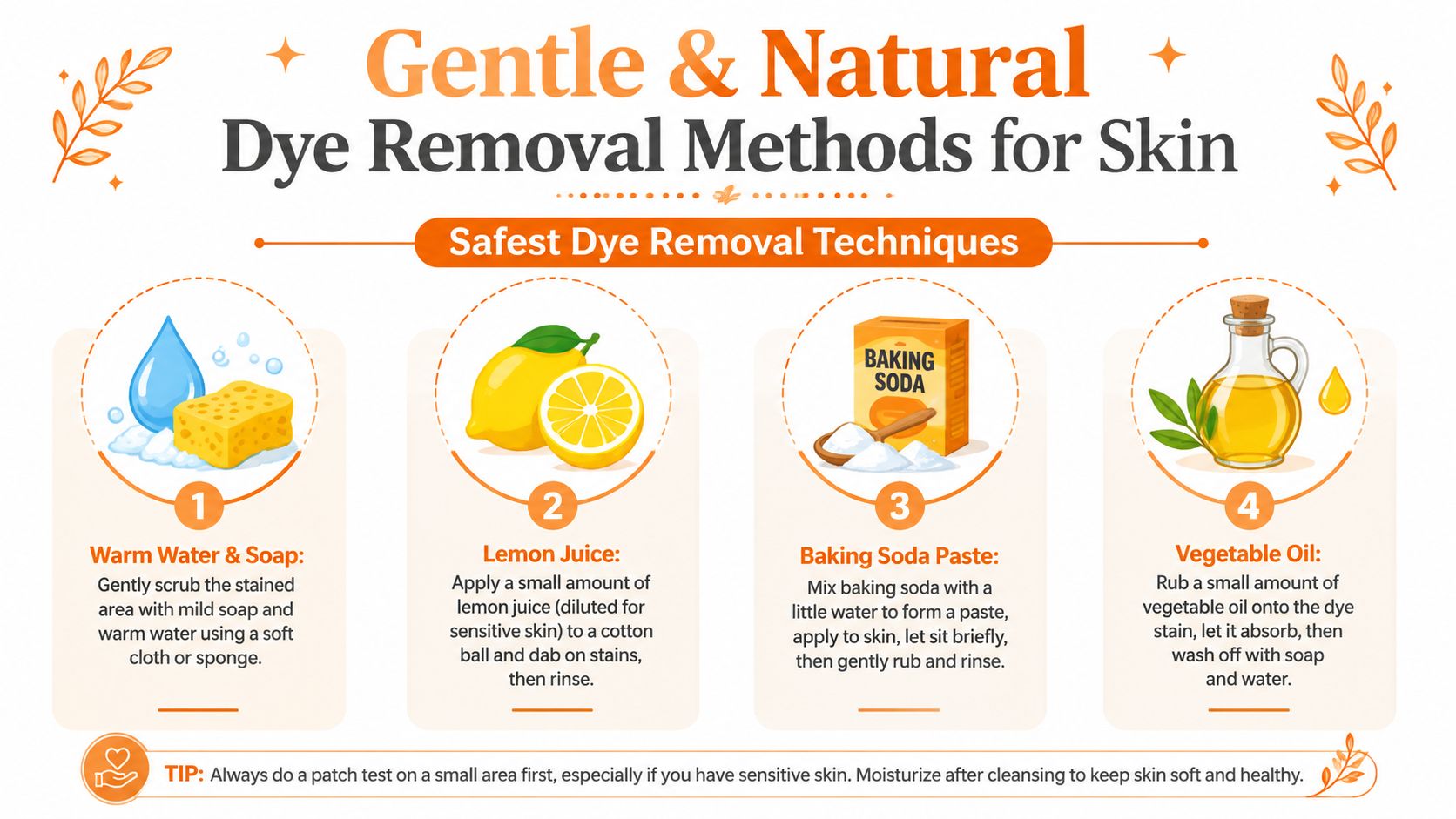 An infographic showing four safe, natural methods for removing dye stains from human skin at home.