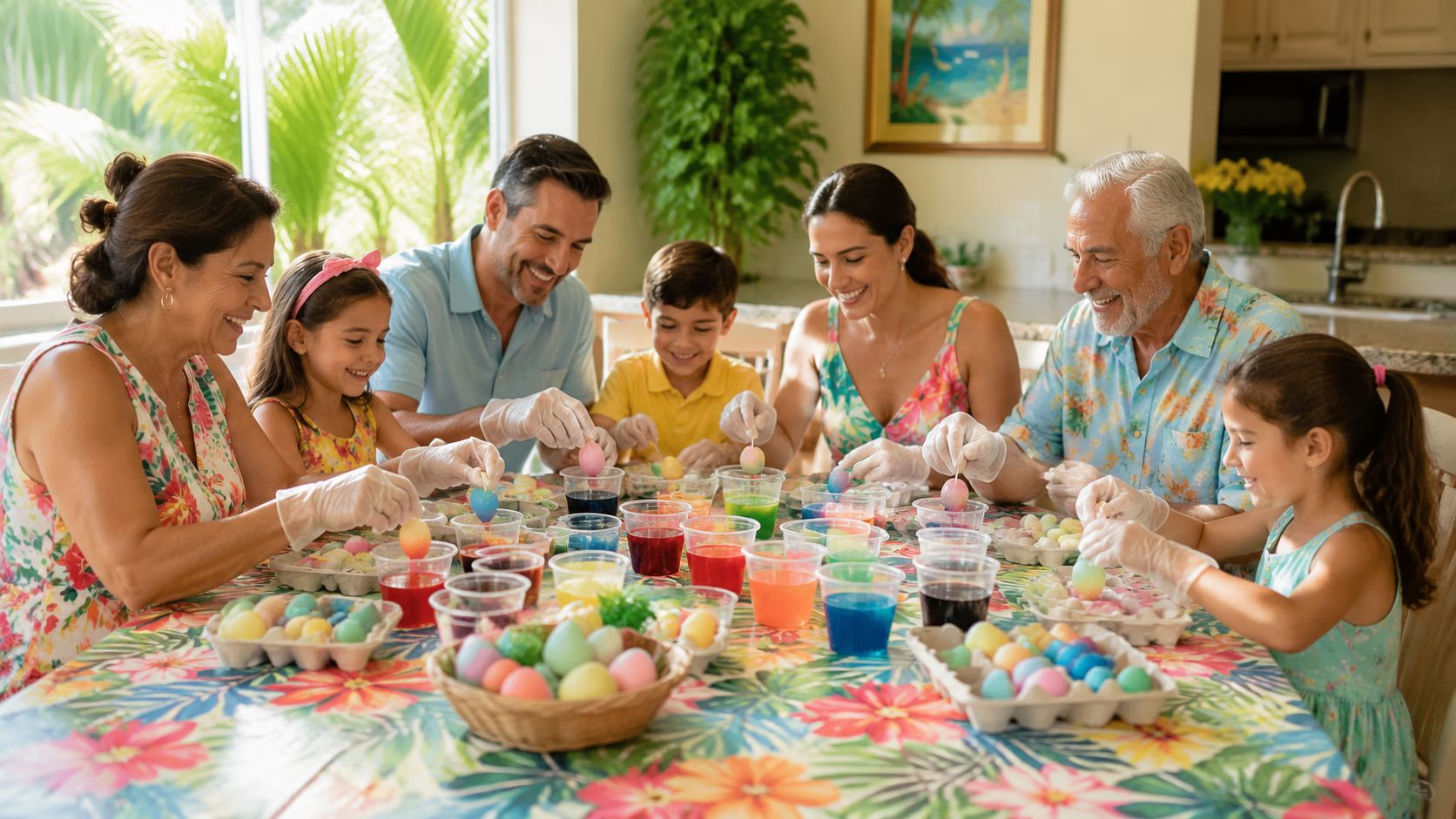 A multi-generational family wearing gloves while dyeing colorful Easter eggs together at a dining table.