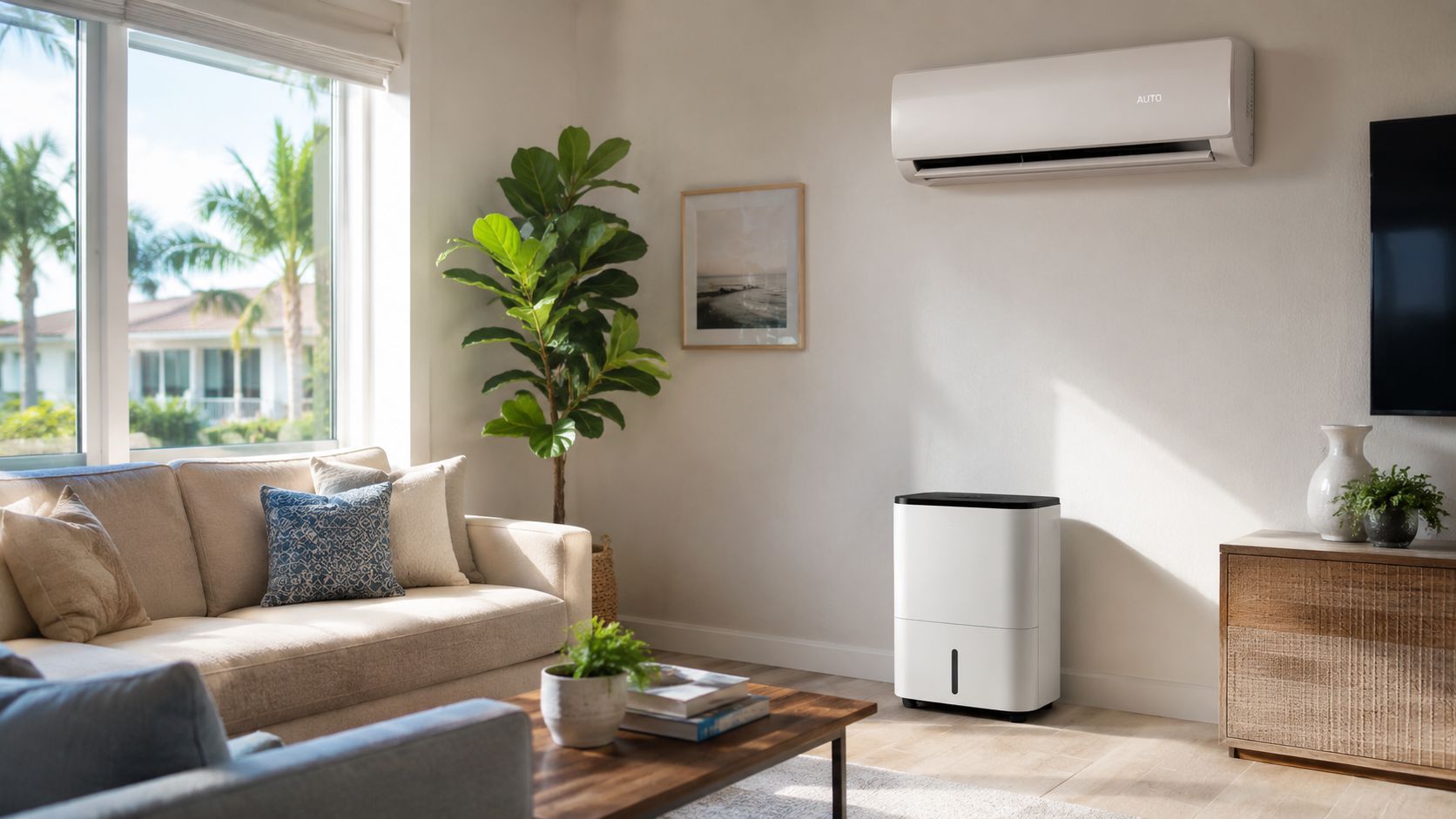 A minimalist white dehumidifier standing in a modern, sunlit living room next to a sofa and plant.