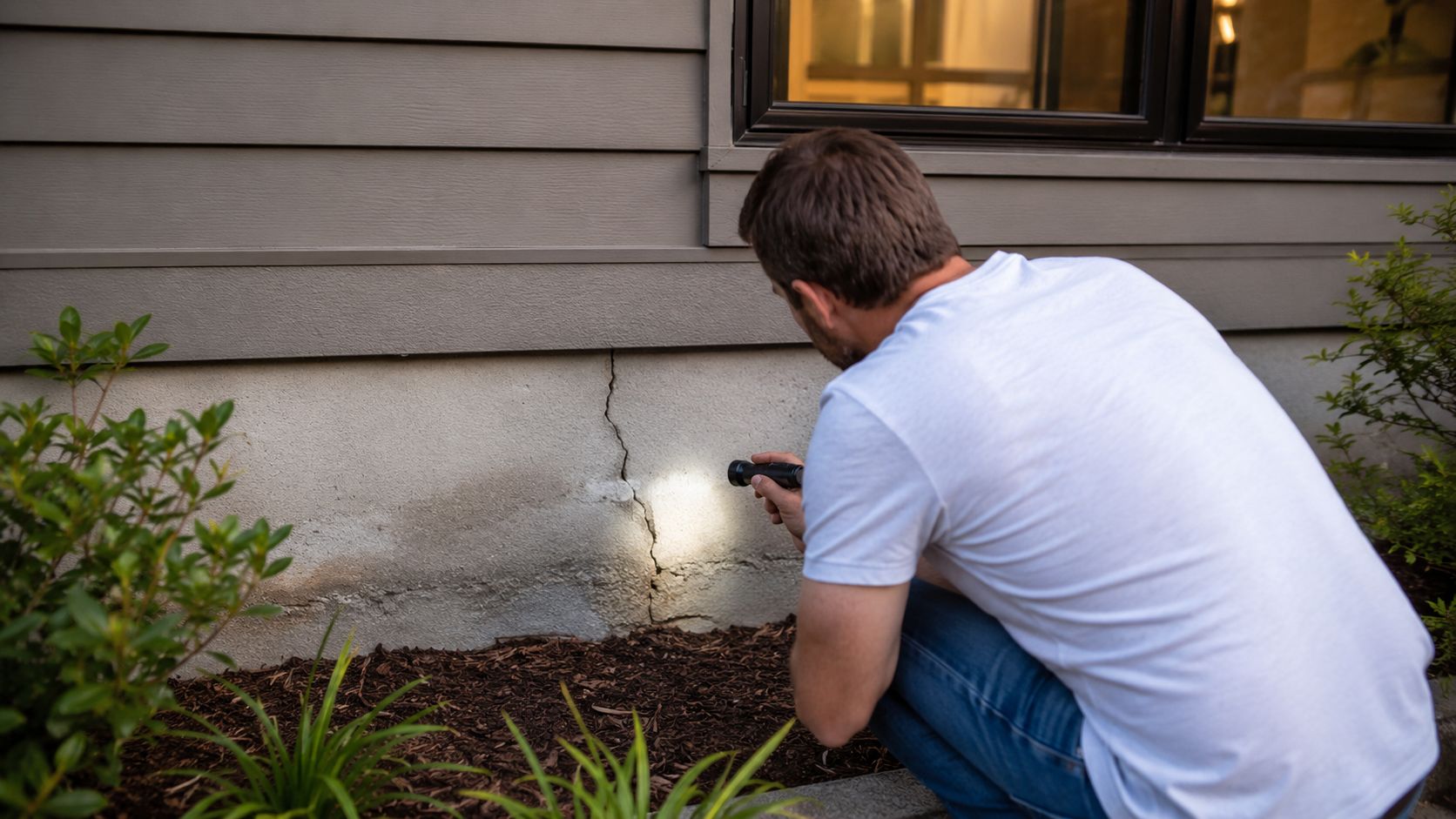 A man using a flashlight to inspect a visible crack in the concrete foundation of a house.