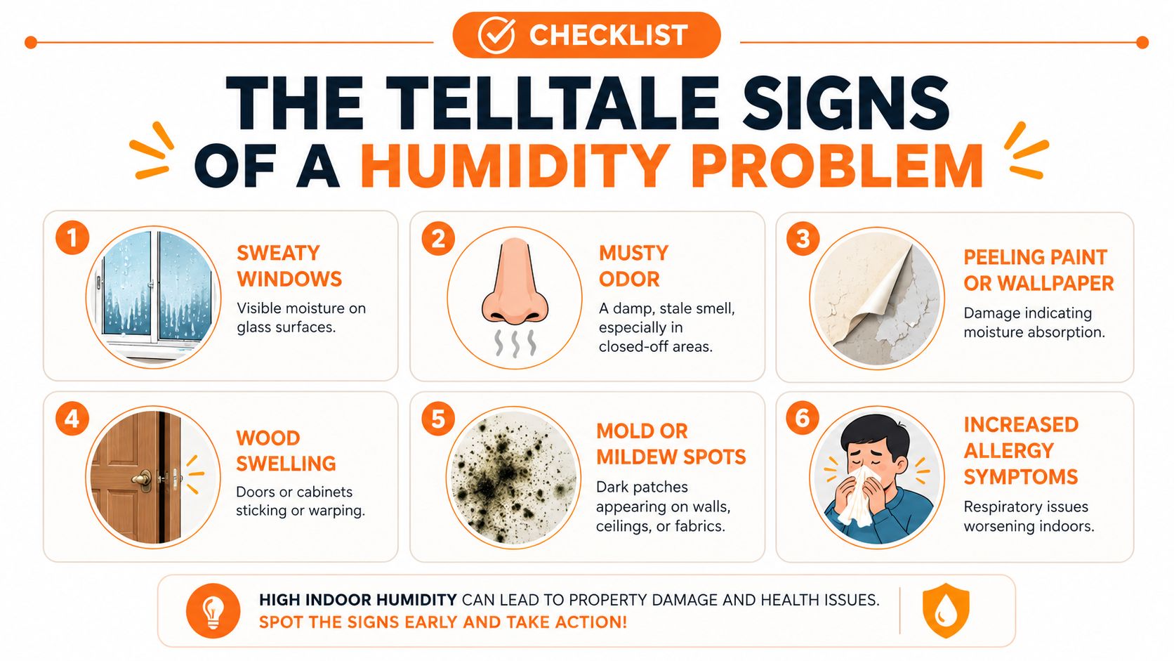 A checklist infographic detailing six common telltale signs of a high humidity problem in a house.