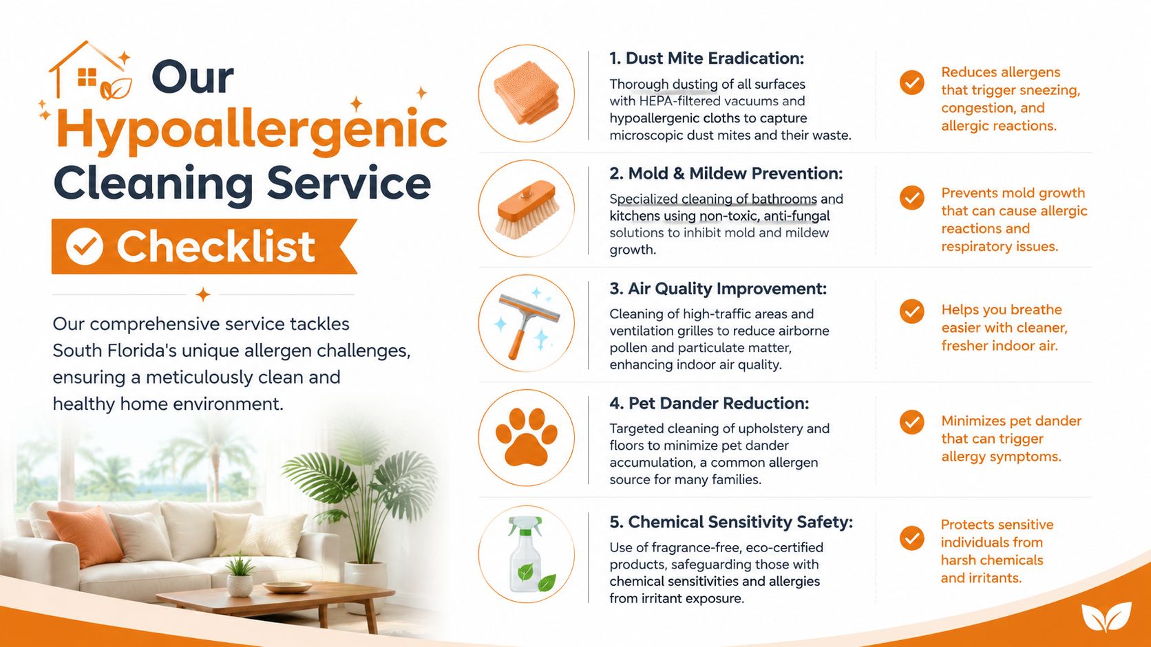 A checklist for a professional hypoallergenic cleaning service highlighting allergen reduction methods for a healthier home.