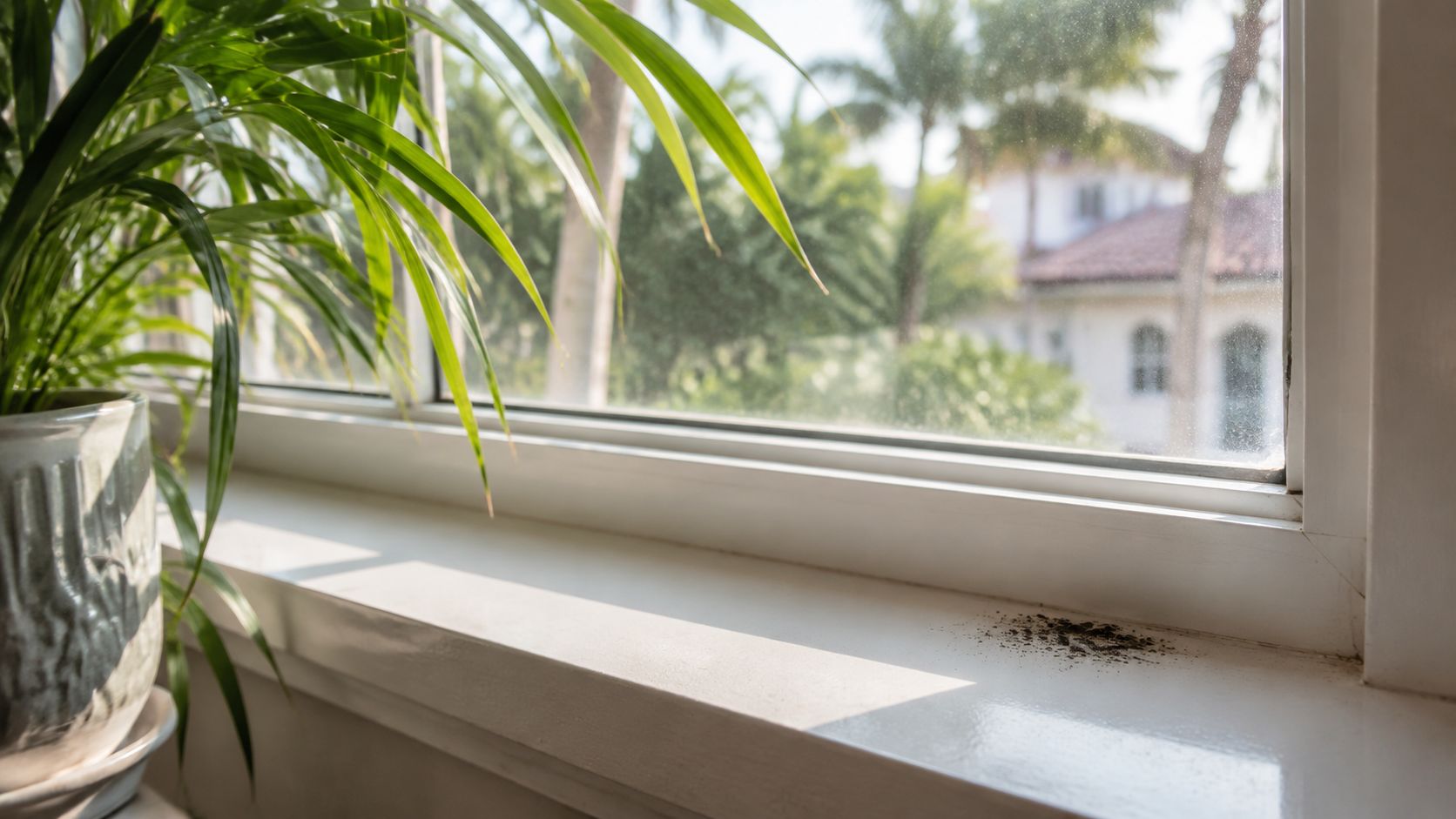A close up view of a dirty windowsill with dark debris sitting next to a green plant.