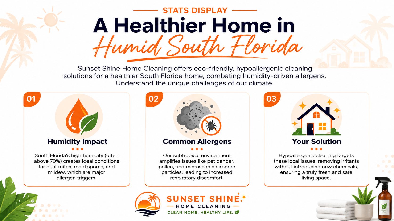 An infographic by Sunset Shine Home Cleaning discussing the impact of humidity on indoor allergens in South Florida.