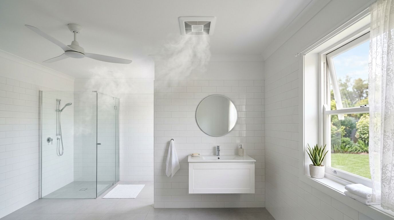 A modern white bathroom with a shower, vanity, and a ventilation fan removing steam to prevent mold.