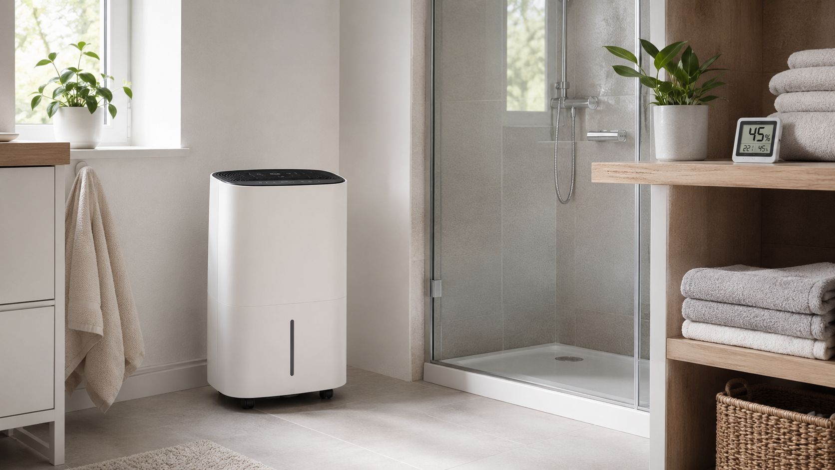 A portable white dehumidifier standing in a modern bathroom next to a glass shower stall.