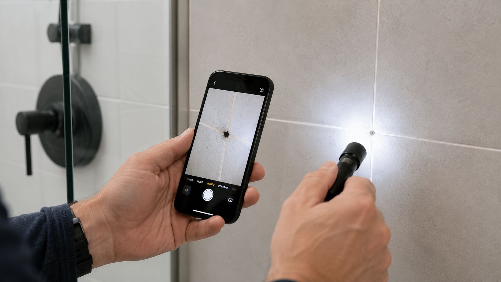 A person using a smartphone and flashlight to inspect a black mold spot on bathroom tiles.