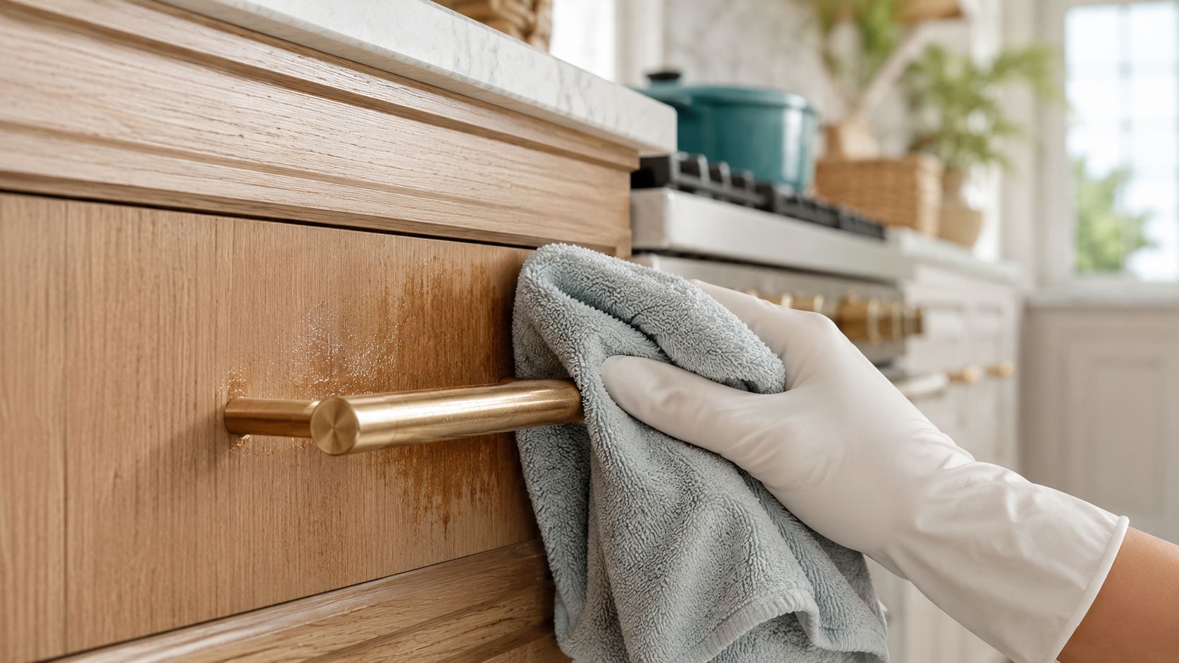 A person wearing white rubber gloves uses a blue microfiber cloth to clean a wooden kitchen cabinet.