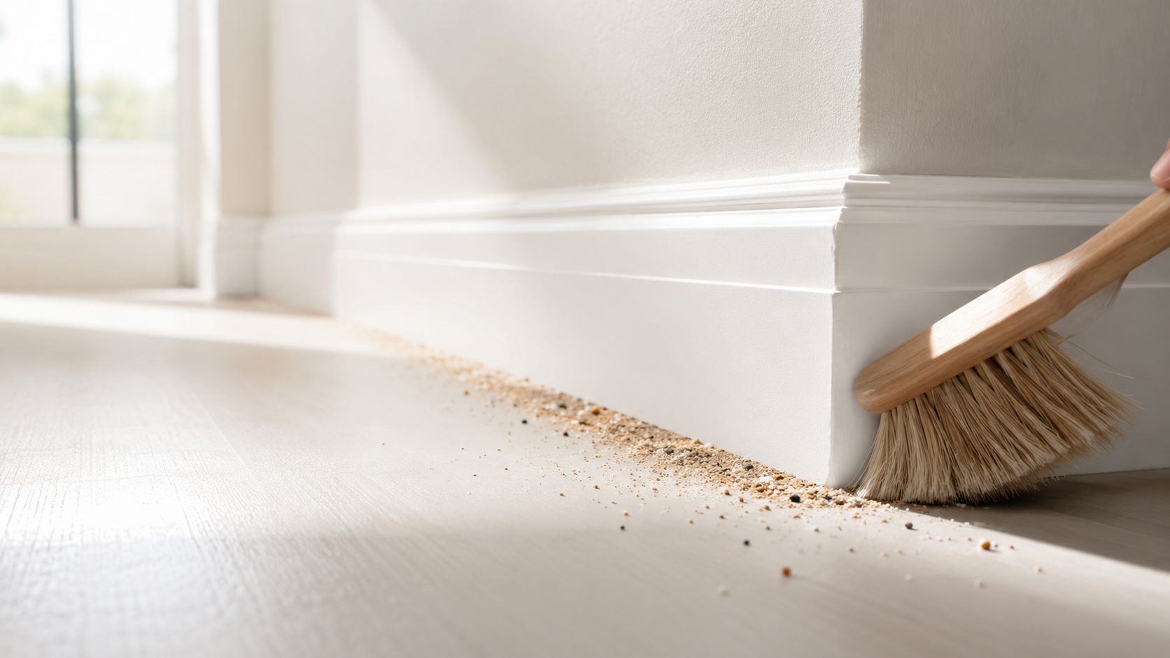 A wooden brush cleaning dirt and debris away from the baseboard of a clean wooden floor.